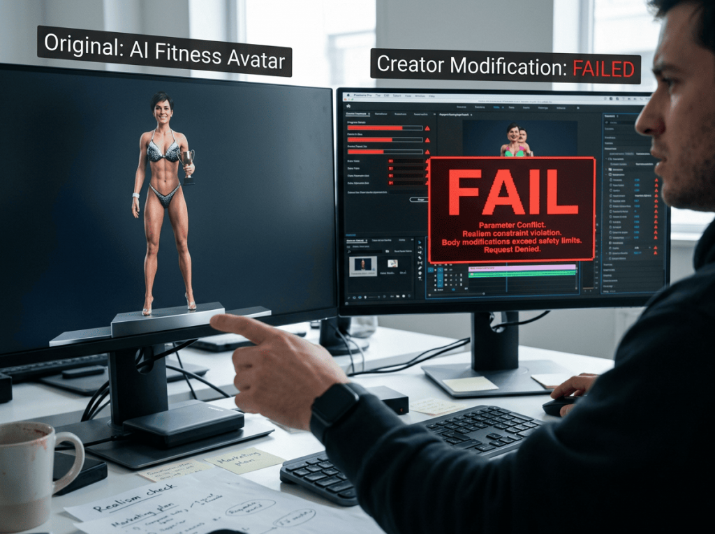 Écran d'ordinateur affichant un message de blocage d'une IA mainstream sur une demande de génération d'avatar fitness : "fail"